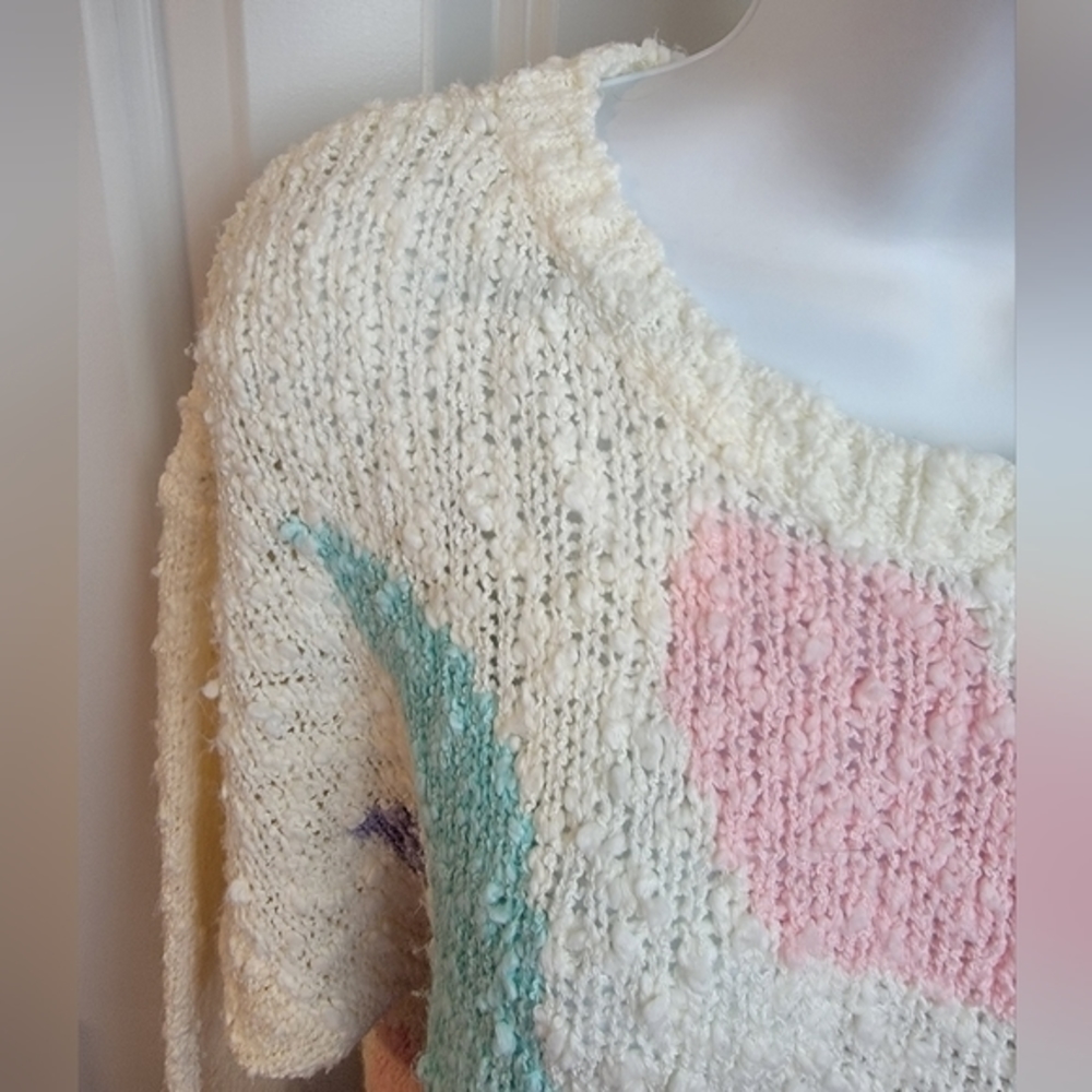 VINTAGE Here's A Hug Acrylic Sweater Cream Pastel Flowers Large - Picture 4 of 16